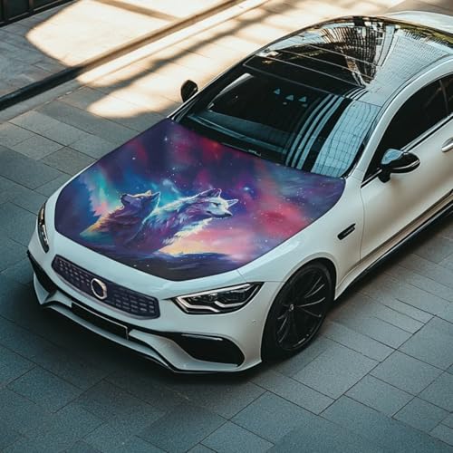 Image of Wolf Print Car Hood Cover Protector for SUV Sedans Trucks, Elastic Polyester Waterproof Sun-Proof Auto Hood Flag Patriotic Decorative Car Accessories