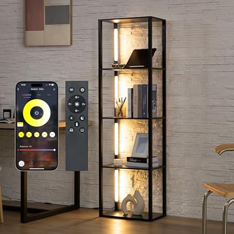 FENLO Fancy Plus Pro - LED Display Shelf with Dimmable Lights, LED Shelf Floor Lamps for Living Room, Sturdy Corner Shelf Curio Cabinet Display, Tall Floor Lamps with Shelve, Adjustable Color Temps Cover