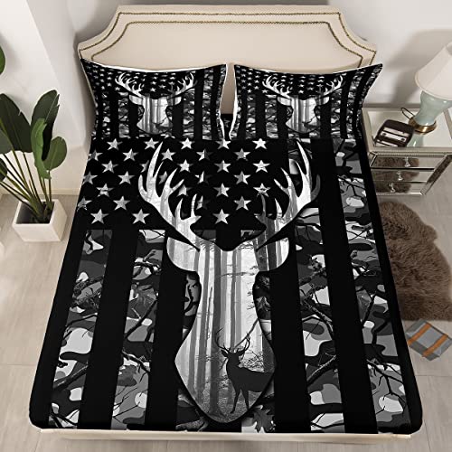 Deer Antlers Silhouette Sheet Set Queen,Camouflage American Flag Bedding Set For Kids Teens Adults, Camo Wild Animal Natural Bed Sheet 4Pcs With Deep Pocket Fitted Sheet + Flat Sheet + 2 Pillowcases #TOP1