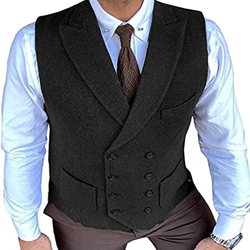 Men's Double Breasted Herringbone Tweed Waistcoat Vintage Lapel Business Wedding Suit Vest for Tuxedo Suit (Color : Black, Size : 5X-Large)