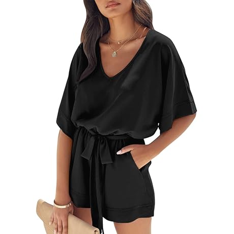 Women's Summer Sexy Solid V Neck Short Sleeve Pockets Jumpsuit Casual Rompers