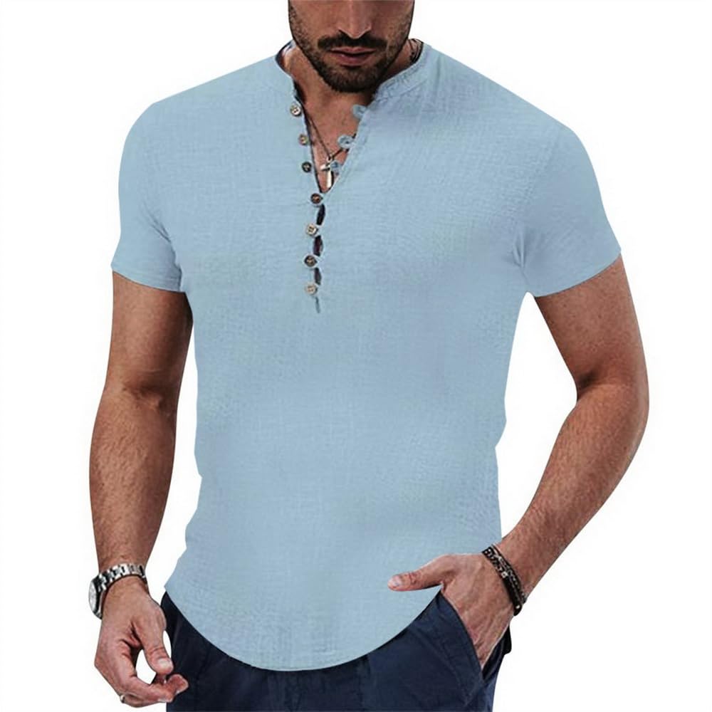 NIBESSER Camisa Lino Hombre Manga Corta Camisa Verano Hombre de Moda Camisa Slim Fit Hombre Casual con Botónes Henley Shirt Transpirable Color Sólido para Vacaciones Mar Playa