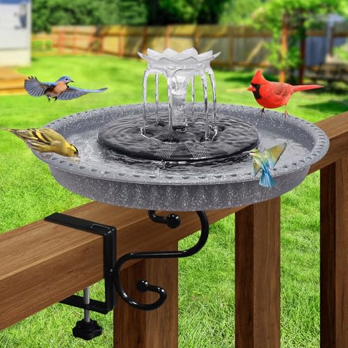 Bird Bath with Fountain, 3.7 in Adjustable Metal Clamp Garden Decor Lightweight Plastic Solar Power Deck Mounted Bird Bath for Garden Yard Lawn Patio Outdoors, Spotted Gray
