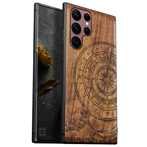 Carveit Funda con Compatible Galaxy S22 Ultra Accesorios Carcasa [Única Madera y Silicona Híbrido Carcasa] Absorción de Impacto para Samsung S22 Ultra Carcasa estético (Nogal-brújula Grandes) Cover