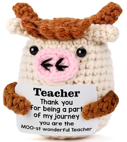 YUEYUQIU Funny Teacher Appreciation Gifts for Women - Thank You Gifts for Teacher Women, Thank You for Helping Me Grow - Cute Handmade Crochet Cow Present for Teachers Day Birthday Christmas