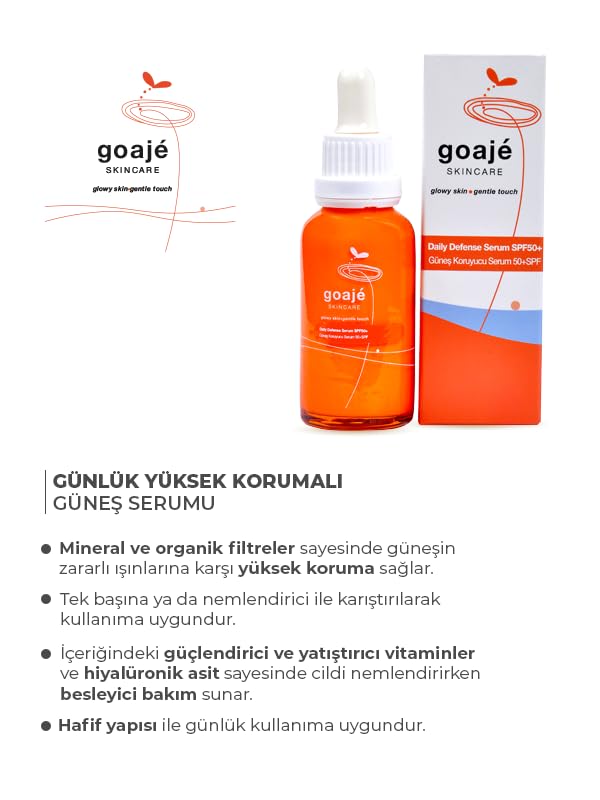 Goaje SKINCARE Yüz Güneş Serumu 50+ Faktör Leke Karşıtı ve Beyaz İz Bırakmayan Nemlendirici Güneş Koruyucu Tüm Cilt Tipleri 30 ml