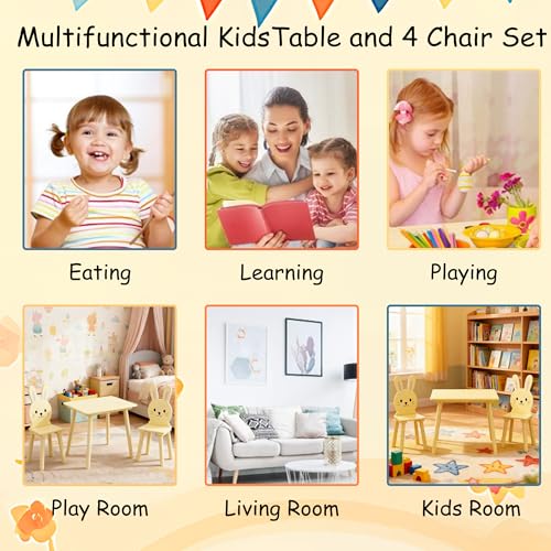 Image of Wood Table & Chairs 3 Pieces Set, Boys Girls Activity Table w / 2 Animal Shaped Chairs, Solid Wood Legs, Safe Rounded Corners, Playroom Furniture for Boys & Girls Activity Dining Drawing Craft.