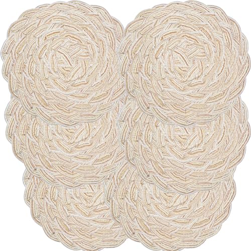 Manteles individuales tejidos, manteles individuales redondos de algodón con forma de flor de 18 cm, juego de 6 posavasos (beige)