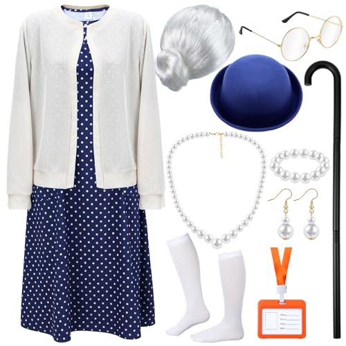 Shinymoon 13 Pcs 100 Days of Old Lady School Costume Set for Women Grandma Granny Cosplay Outfit Set Dress up Accessories(Large/x-large)