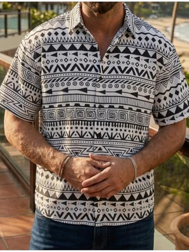 Image of BROWN CULTURE Men's Cotton Blend Abstract Print Shirt with Spread Collared Half Sleeves Standard Length and Button Down Closure Type | Shirt for Man