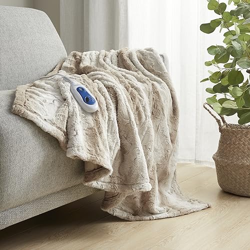 Beautyrest Zuri Reversible Faux Fur to Mink Electric Blanket Auto Shut Off Virtually Zero EMF Multi Heat Setting UL Certified Machine Washable Sand Tip Dye Throw 50x70
