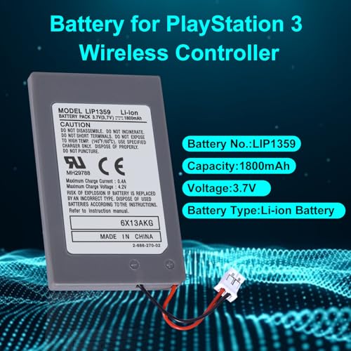 Image of Battery Replacement for PS3 Controller, 1800mAh LIP1359 Li-ion Battery with Cable, Compatible with PlayStation 3 DualShock 3 Wireless Controllers (CECHZC2E, CECHZC2U)