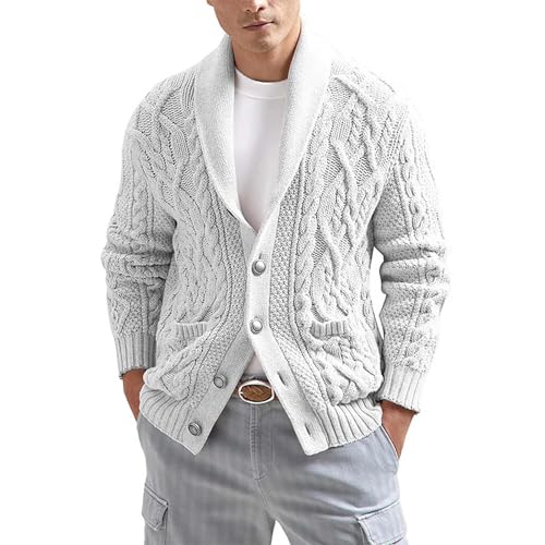 Mens Slimming Twist Knit Cardigan Sweaters Casual Long Sleeve Shawl Collar Button Down Knitted Sweaters with Pockets