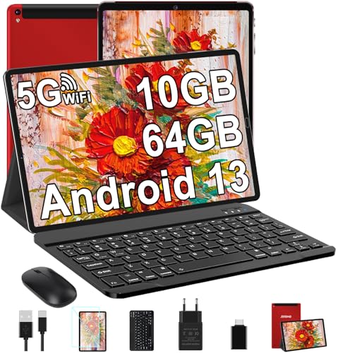 GOODTEL 2025 Neueste Android 13 Tablet 10 Zoll, 10GB RAM+64GB ROM, 5G+2.4G WLAN, Octa-Core, 1280 * 800, 6000mAh, 5MP+8MP, BT5.0, GMS Tablet mit Tastatur und Maus - Rot