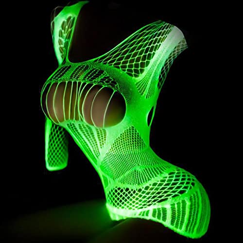 Glow in the Dark Fishnet Stockings, Luminous Sexy Green Fishnets Lingerie Tights High Waist Pantyhose One Piece Bodysuit4