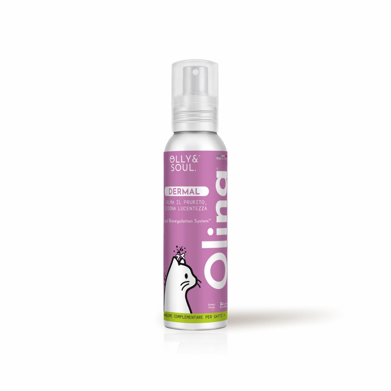 Olina Dermal Gatto - Integratore naturale da spruzzare direttamente sul cibo secco o umido, nutre la pelle e riduce le irritazioni, Calma il prurito, ridona lucentezza - ml 150 Spray