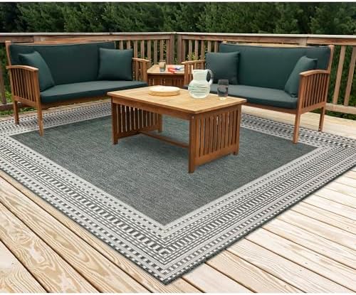 Liora Manne Malibu Indoor/Outdoor Power Loomed Synthetic Blend Low Profile Area Rug - Traditional Border Casual Colorful (Etched Border Green) (7'10" Square)