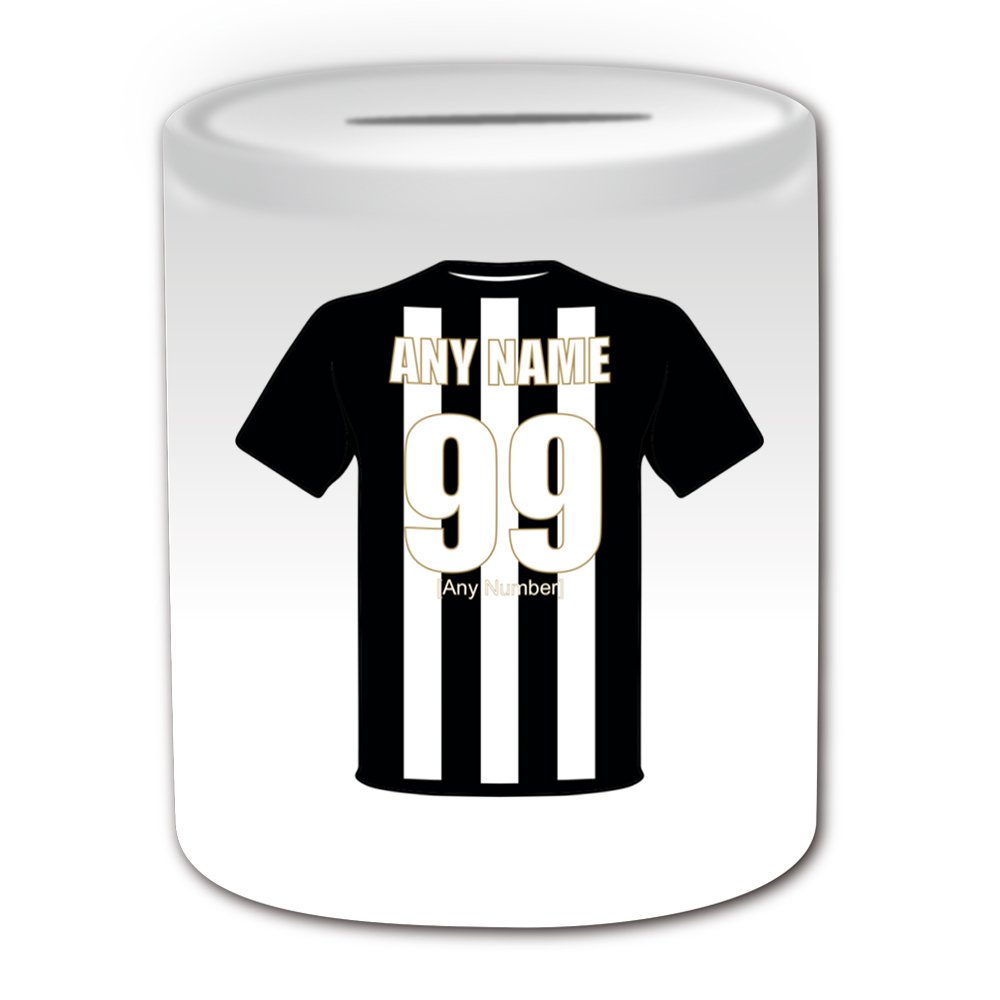 Unigift White Personalised Gift - Notts County Money Box (Football Design Theme, ) - Any Name/Message On Your Unique Piggy Bank Saving Jar Pot - The Magpies Club