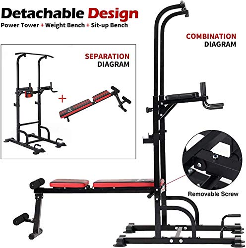 ER KANG Power Tower Dip Station, 850lbs Weight Capacity Workout Station with Dip Stands, Pull Up Chin Up Tower, Adjustable Weight/Sit-Up Bench for Strength Training, Home Gym(2021 Version)