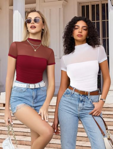 Image of Avidlove Women's Short Sleeve Bodysuit Turtle Neck Body Suits Mesh One Piece Leotard Going Out Tops Date Outfits