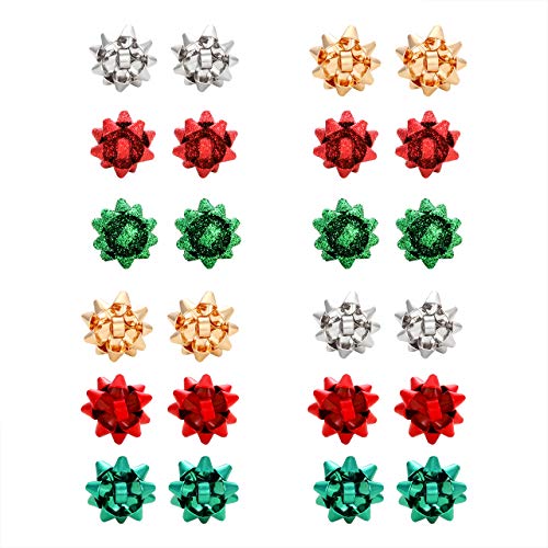 12 Pairs Christmas Bow Earrings Gold Silver Red Green Polished Glitter Gift Bow Santa Earrings for Women Gift