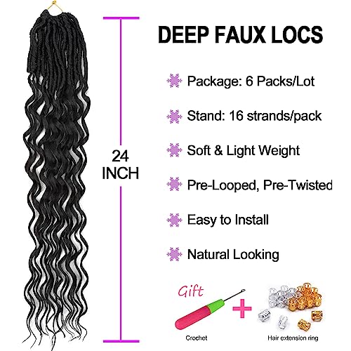 FANWYFYU 24 Inch Goddess Locs Crochet Hair Deep Wave 6Packs New Soft Faux Locs Crochet Braids Pre Looped Hair Extensions for Black Women(1B) - Image 2