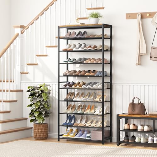 Image of HOMEFORT 10 Tiers Shoe Rack Organizer,30 inch Shoe Storage Shelf for Closet, Shoe Rack for Entryway,Holds 36-40 Pairs of Shoe, Tall Shoe Stand with Metal Shelves and MDF Top Board,Rustic Brown