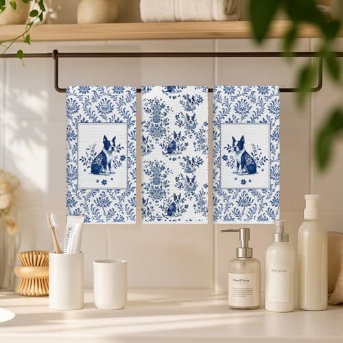 Image of Blue Chinoiserie French Bulldog Kitchen Towels, Frenchie Gifts Dish Tea Towels, Gifts for French Bulldog Lovers, Grandmillennial Toile Dog Decorative Hand Towel for Bathroom, 16x24 Inch Set of 3