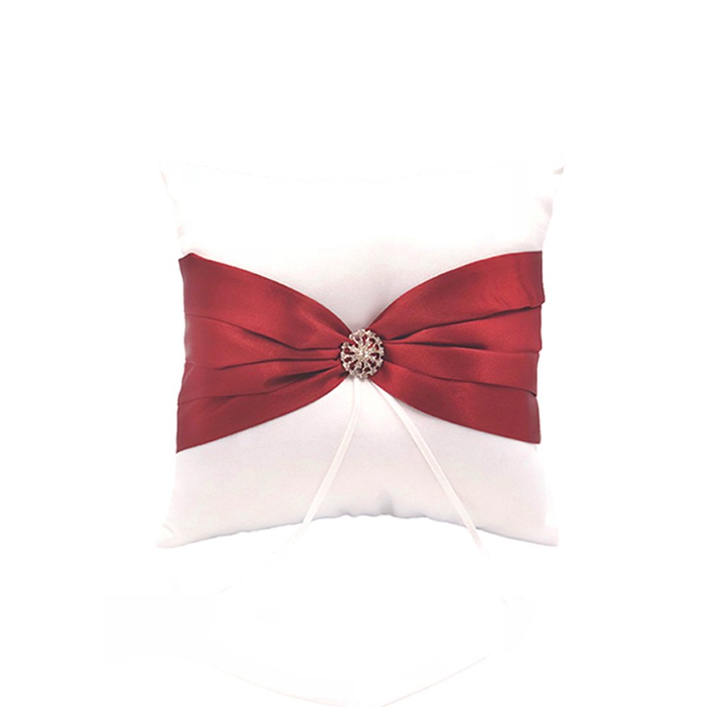 Abbie Home Wedding Ring Bearer Pillow in White, Burgundy Ring Cushion with Rhinestone Decor Party Favor (Burgundy Pillow)