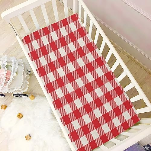 Image of White Red Tartan Plaid Pattern Boys Girls Bassinet Sheets Gingham Baby Cribs Sheets Play Sheets Playard Sheet Toddler Stretchy Bed Sheet for Baby Kids Halloween M