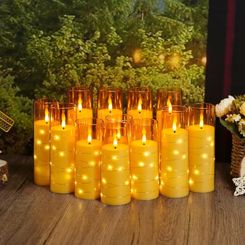 Image of Sasigeiaa Flameless Candles with Embedded Star String - Battery Operated LED Candles, with Remote,12 Gold Flickering Candles for Christmas, Weddings, Home Decor & Party,(D 2.3 inchxH 5 inch 6 inch 7 inch)