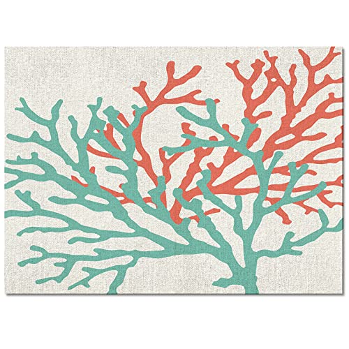 Rectangular Area Rug For Living Room, Bedroom, Teal Red Coral Non-Slip Residential Carpet, Kitchen Rugs, Summer Ocean Nautical Coastal Rustic Burlap Floor Mat With Rubber Backing 5' X 7' #TOP2