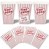 kedudes Popcorn Containers Buckets - 20 Pack Red and White Striped Jumbo Paper Popcorn Boxes - Reusable, Leak-Resistant, Grease-Proof - Ideal for Movie Nights, Parties, and Events