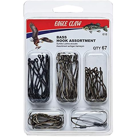 EAGLE CLAW BASS Hook Assortment, Fishing Hooks for Freshwater BASS, 67 Hooks, Sizes 1 to 3/0, brown Cover