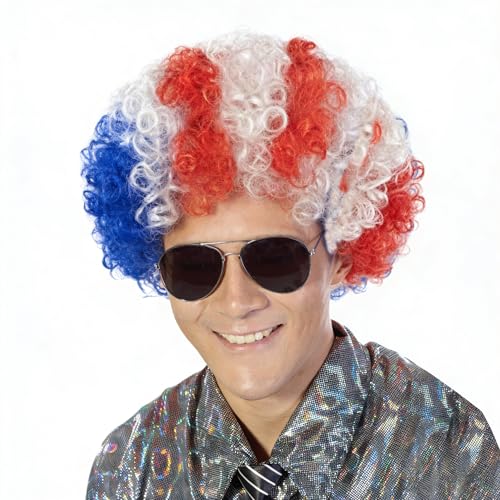 Image of FREE BEAUTY American Flag Colored Afro Wig for Men Women 2026 World Cup Fan Wig Soccer Fans Cheer Hair Blue White Red Afro Wigs for Football Fans for Stadium Party Cosplay (American)