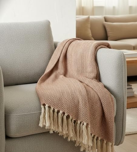 Image of Cotton Weave Boho Sofa Throw Blanket 50x60 Inches or 125x150 cms Lightweight, Soft & Breathable Couch, Bed or Chair Throw Blanket for Living or Bedroom, Zigzag Rust