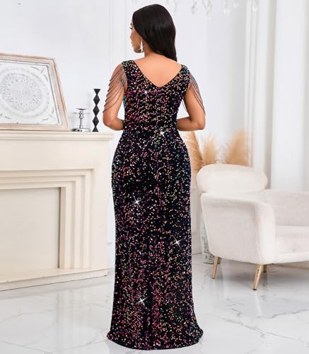 Image of Cololura Women Sexy Elegant Sequin Tassel Mermaid Bodycon Formal Party Gowns Evening Maxi Dress