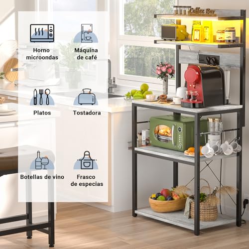 iSunirm Estantería de Cocina con enchufes,Organizador de Cocina con Luces LED,Soporte para microondas con 5 estantes 6 Ganchos,60x40x147cm,Roble Blanco - imagen 7