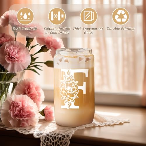 Image of Coolife Initial Glass Cup, Monogrammed Gifts for Women, 16 oz Tumbler w /Lid | Iced Coffee Smoothie Beer Tumbler w /Straw Lid - Personalized Christmas, Birthday Gifts for Woman Her Mom Friend
