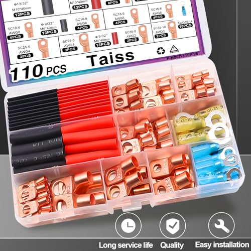 Taiss 130PCS M6/M8 Cosses Tubulaires Kit,pour Câble Électrique,Cosses de Embouts de Câble de Batterie,de raccordement en cuivre，avec un tube de rétrécissement thermique – vue 7