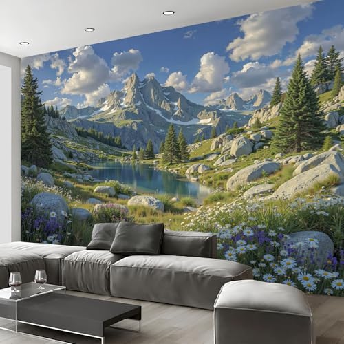Papier peint panoramique prairies fleuries lacs tableau poster décoration murale - 5