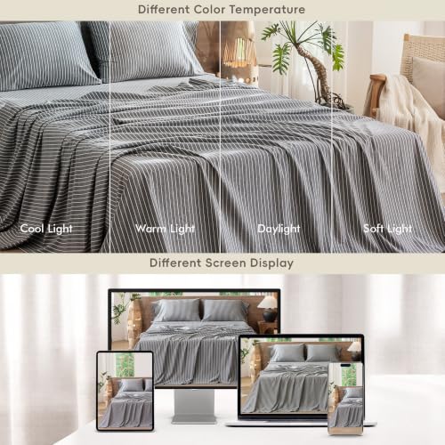 Image of MooMee Striped Sheet Set 100% Washed Cotton Linen Like Queen