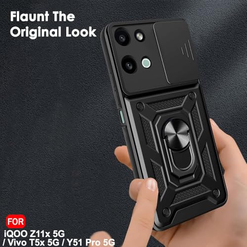 Image of TheGiftKart Back Cover Case for iQOO Z11x / Vivo T5x / Vivo Y51 Pro 5G | Armor Bumper Case with Sliding Camera Cover, Kickstand & Ring Holder | 360 Protection iQOO Z11x Back Cover (PC & TPU, Black)