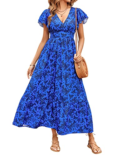 Solersun Women's Summer Casual Dress V Neck Ruffle Sleeve Floral Printed High Waist Beach Long Maxi Sundresses(Blue,Xl) #TOP10