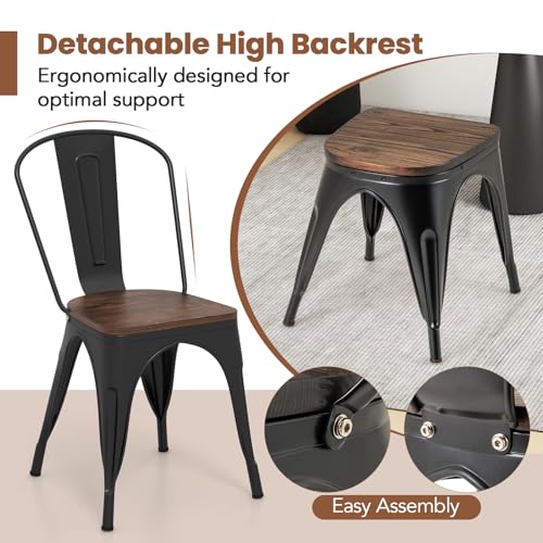 Image of COSTWAY 18 Inch Dining Chair Set of 4, Industrial Vintage Stackable Metal Chairs, Counter Bar Chairs with High Backrest, Wood Seat, for Home, Kitchen and Cafe Bar Use