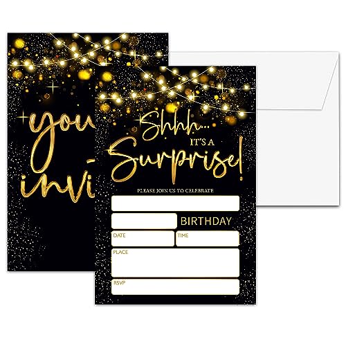 Chuxvon Shhh It's a Surprise Birthday Party Invitations, Black Gold Birthday Invitation, Double-Sided Fill In Invites, Gold Glitter Birthday Party Decorations, 20 Cards With 20 Envelopes(D20)