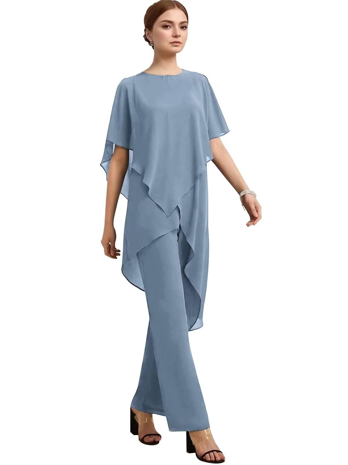 2 Piece Mother of The Bride Pant Suits for Women Chiffon Plus Size Cascading Ruffles Wedding Guest Outfit