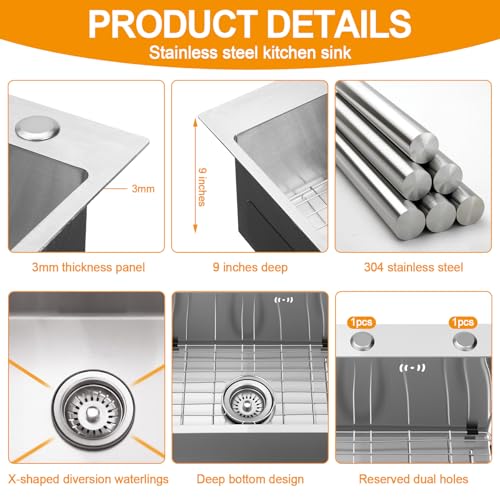 Image of Geetery 20 x 16 Inch Drop in Bar Sink, 9 inch Deep Single Bowl 304 Stainless Steel Top Mount Small Kitchen Sink Set with Grid Drain Strainer P-trap Drain Kit for Kitchen Island Prep Bar Rv Laundry Room