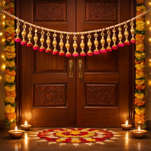Image of Rajasthan Kraft Handcrafted Door Toran with Gota Ball, Beads & Mirror (40 Inch) - Adds Festive Charm to Your Home, Perfect for Home & Festive Decor and Housewarming Gifts (T0034)