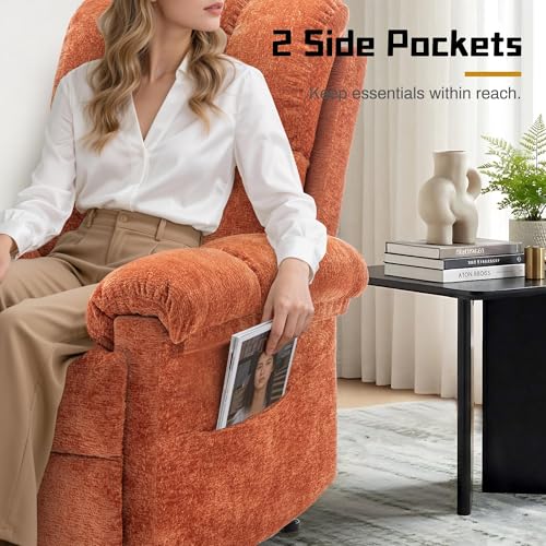 Image of Korser Recliner Chair, Living Room Recliner Chairs for Adults, Small Recliners for Small Spaces, Upholstered Manual Recliner with Side Pockets, Comfy Nursery Chair for Living Room, Chenille, Orange
